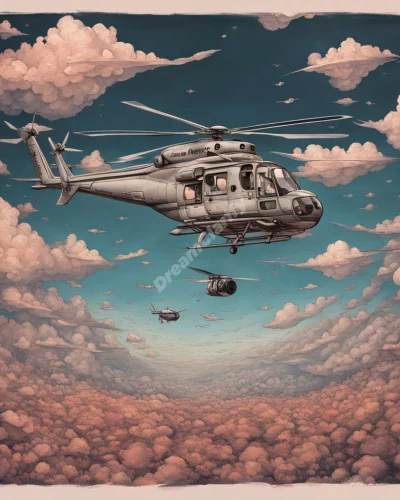 A helicopter hovering over a dreamscape, symbolizing perspective and escape.