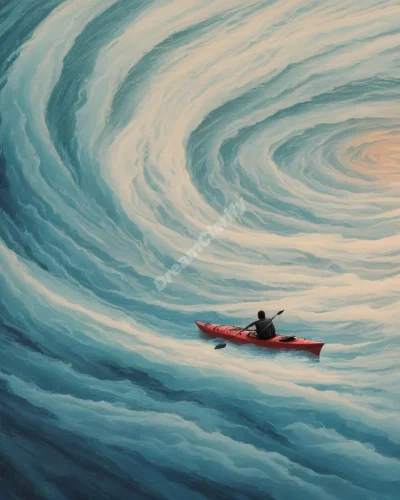 A kayak navigating through swirling, dream-like waters, representing life's journey and emotional currents.