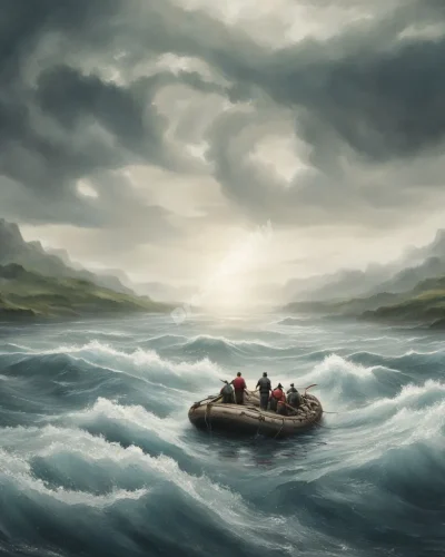 A raft navigating through turbulent waters towards a peaceful shore, symbolizing life's journey and overcoming challenges.