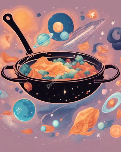 A cosmic frying pan cooking up various dream symbols, representing transformation and nurturing of ideas.