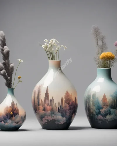 Vases of various shapes and sizes, each containing a unique, miniature dreamscape representing different emotions.