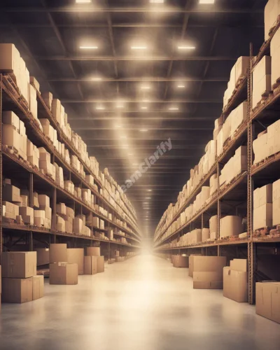 A vast warehouse with shelves holding boxes of memories and dreams, some glowing and others dusty.