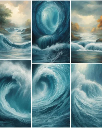 Water in various forms (waves, rain, river) flowing through dreamscapes, representing emotions and the subconscious in water dreams.