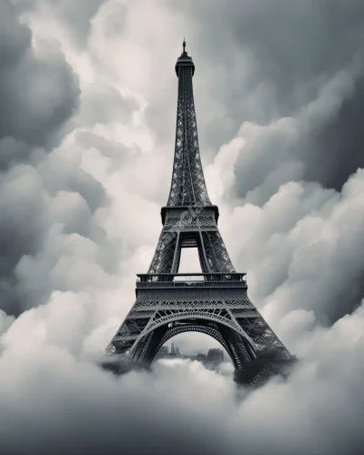 The Eiffel Tower stretching into the clouds, its structure morphing into various symbols, representing ambition and cultural identity.