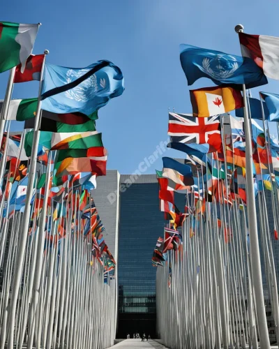 The UN building with flags transforming into bridges connecting different worlds, representing global unity in United Nations dreams.