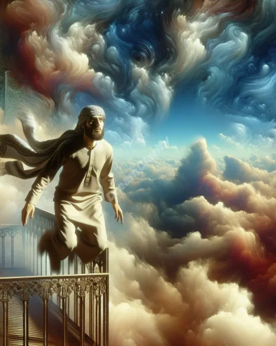 Person falling from balcony in dreamlike sky, symbolizing loss of control and fear.