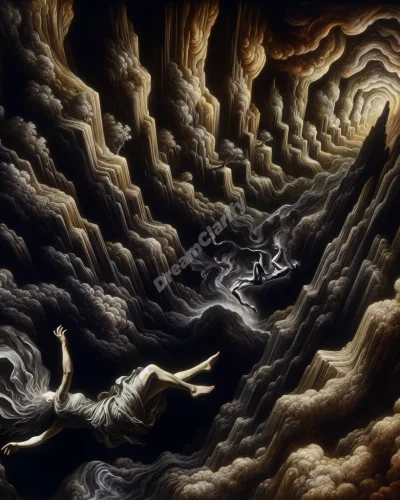 Person falling through a deep, shadowy ravine in a surreal dreamscape, capturing the essence of ravine falling dreams.