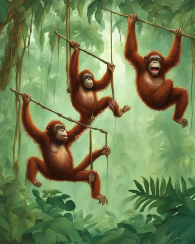 Orangutans swinging through a dream jungle, representing primal instincts.