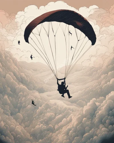 A figure paragliding over a dreamscape, seeing various life scenes below, representing freedom and perspective in paragliding dreams.