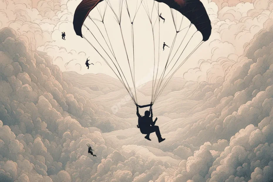 A figure paragliding over a dreamscape, seeing various life scenes below, representing freedom and perspective in paragliding dreams.