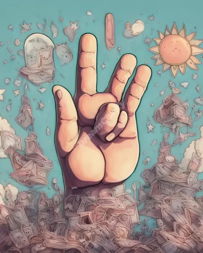 A giant thumb pointing upwards, with smaller dream symbols around it.