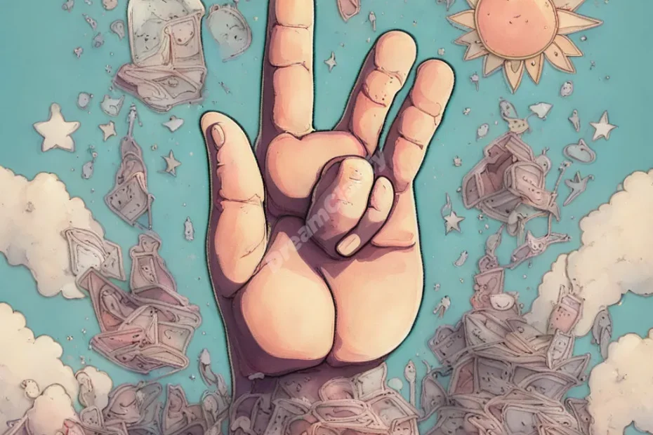 A giant thumb pointing upwards, with smaller dream symbols around it.