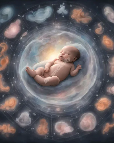 A transparent womb revealing a developing fetus surrounded by dream symbols, representing potential and new beginnings in unborn baby dreams.