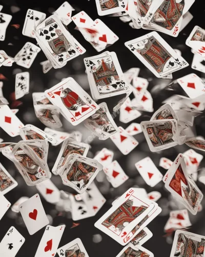 Playing cards scattered in the air, each revealing a different dream symbol, representing fate and life choices.