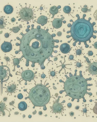 Microscopic germs forming dream symbols, representing hidden fears or growth.