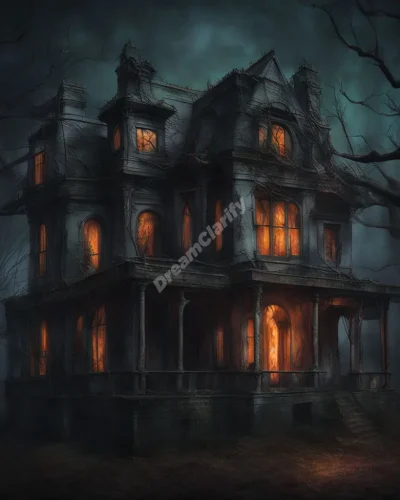 A haunted house with glowing windows revealing hidden fears and memories, representing the past.