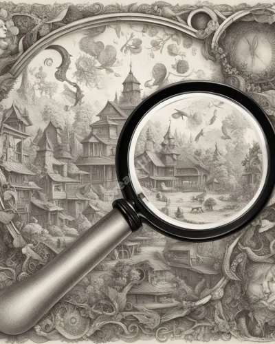 A magnifying glass revealing hidden details and symbols within an ordinary dream scene.