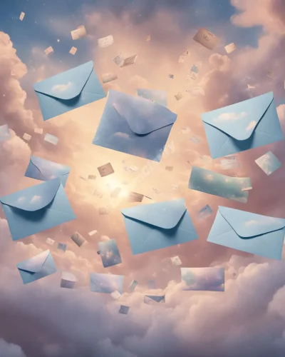 Envelopes and packages floating in a dreamy sky, each opening to reveal different life messages and symbols.