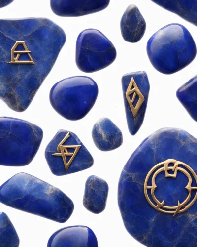 Lapis lazuli stones glowing with inner light, each one revealing a different mystical symbol, representing wisdom and spiritual insight.