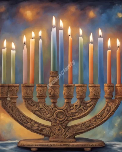 A menorah with each candle illuminating a different dream scene, representing spiritual light.