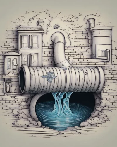 A sewer pipe with dream symbols flowing through it, representing hidden emotions in sewer dreams.