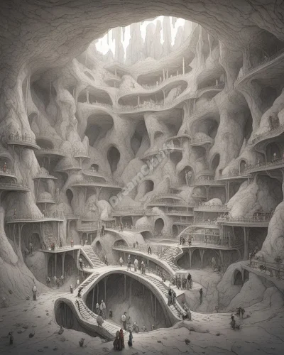 A network of tunnels and caverns forming an underground city, each space revealing hidden aspects of the dreamer's psyche.