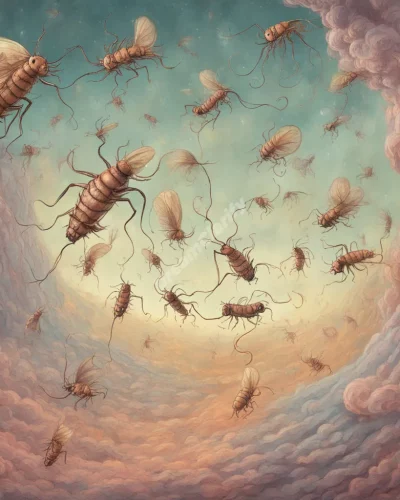 Fleas jumping through a dreamscape, representing irritation.