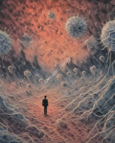 Virus-like shapes spreading through a dreamscape, symbolizing fear in epidemic dreams.