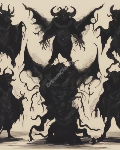 Shadowy demon figures transforming into personal fears, representing incubus dreams.