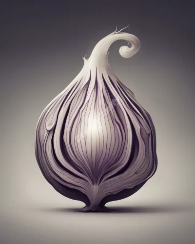 An onion with layers peeling to reveal dream symbols, representing hidden truths and complexity.