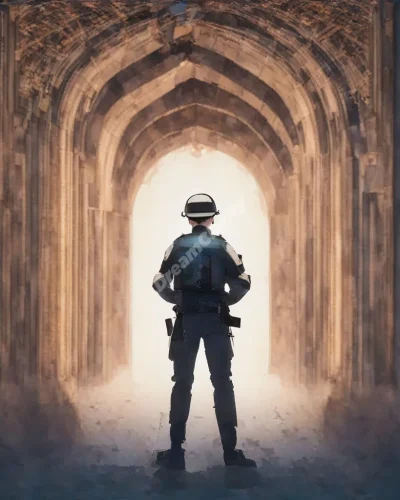 A guard standing at a dream gateway, symbolizing protection in security guard dreams.