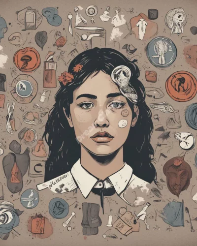 A victim surrounded by symbols of vulnerability and resilience.