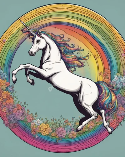 A majestic unicorn leaping through a rainbow portal, representing magic, purity, and wonder in unicorn dreams.