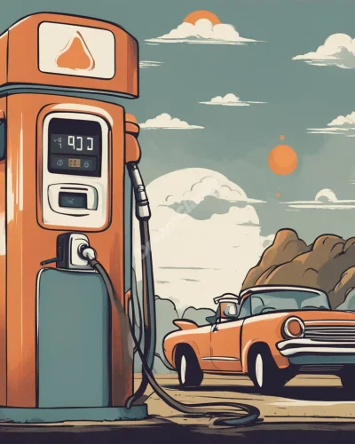 A gas pump fueling a vehicle made of dream symbols, representing energy, motivation, and the drive to move forward in life.