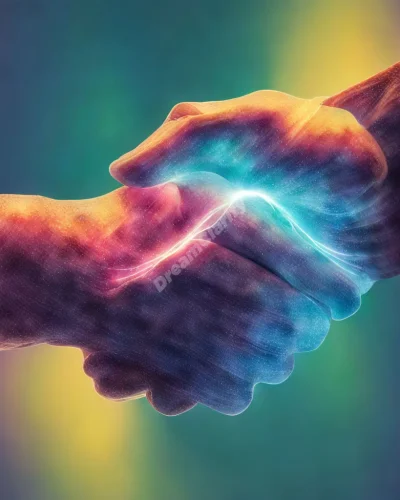 Two hands clasped in a handshake, emitting a glow that forms a bridge between two different dreamscapes.