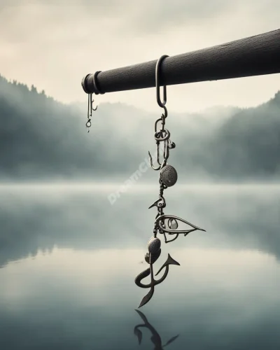 A fishing hook dangling various dream symbols, set against a misty lake backdrop, illustrating the concept of bait in dreams.