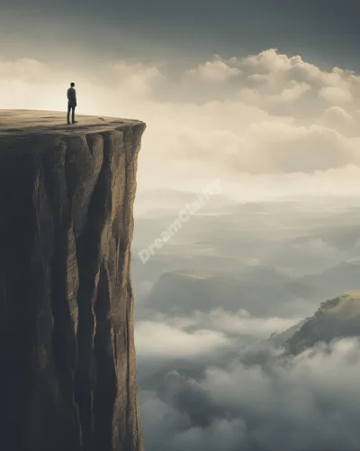 A figure standing on a high cliff, looking down at various dream landscapes, representing perspective and ambition.