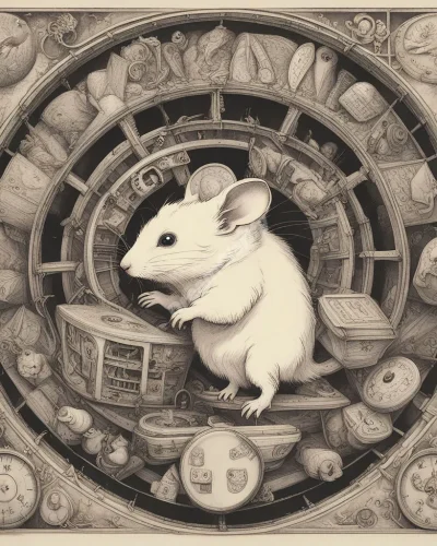 A hamster running in a wheel that powers a dream machine, generating various symbols and scenes.