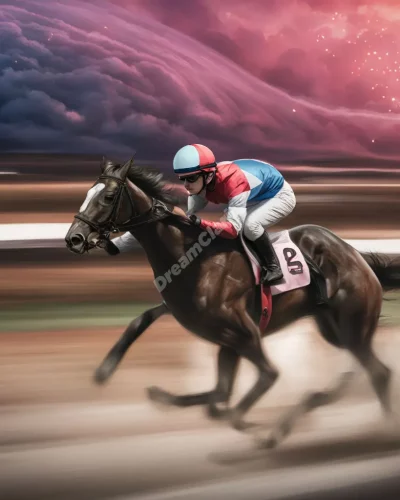 A jockey riding through a dreamscape racetrack, symbolizing control in jockey dreams.