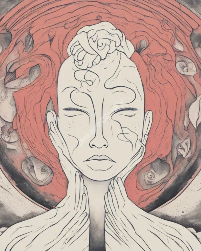 Abstract shapes representing masturbation, surrounded by emotional symbols.