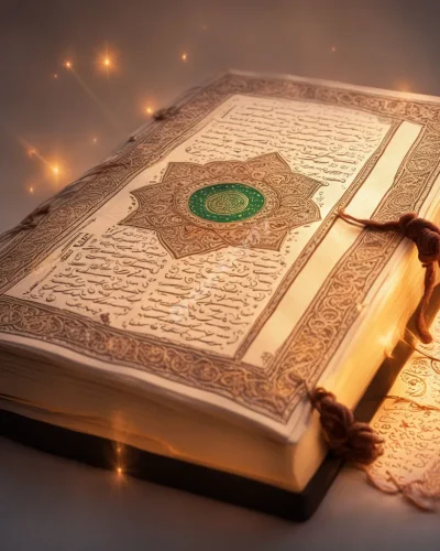 The Quran glowing with light, pages turning to reveal dream symbols, representing spiritual guidance and wisdom.