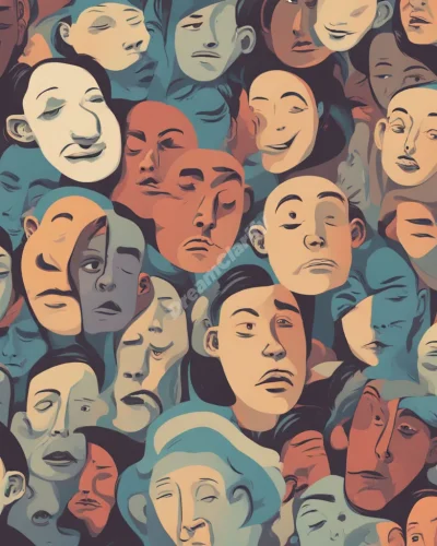 Floating heads with different expressions, symbolizing thoughts in head dreams.