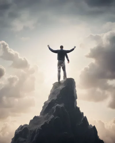 A figure standing triumphantly atop a mountain of challenges, representing victory dreams.