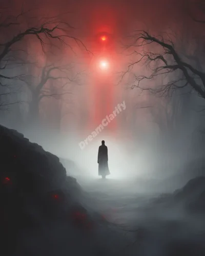 A shadowy figure with glowing red eyes in a misty dreamscape, symbolizing danger and fear.