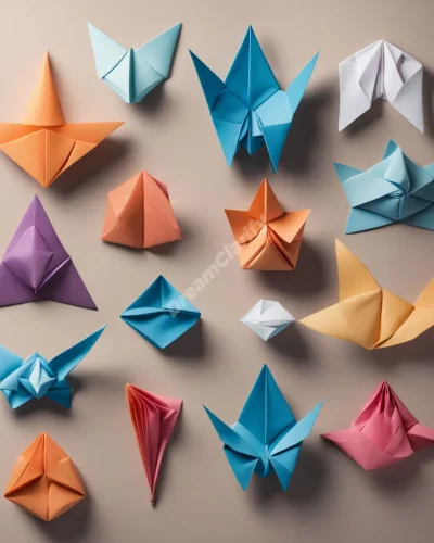 Sheets of paper folding into origami shapes of various dream symbols, representing creativity and potential in paper dreams.