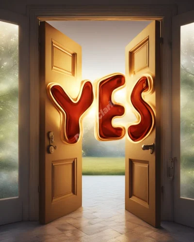 The word "Yes" made of glowing energy, opening doors to new dream realities, symbolizing affirmation and opportunity.