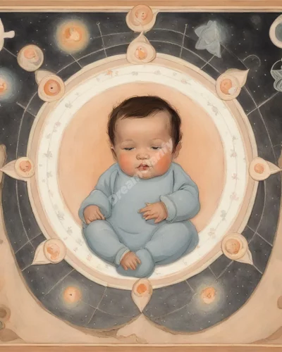 An infant glowing with potential, surrounded by nurturing symbols.