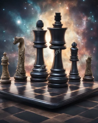 Chess pieces transforming into dream symbols on a cosmic board, representing strategy and life choices.