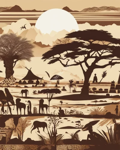 An African landscape with cultural symbols, representing heritage.