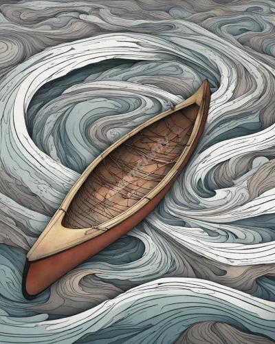 A canoe navigating through a river of swirling dreams, representing the journey through the subconscious.